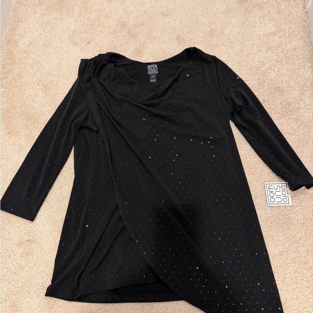 Ciara Sun Woo Tunic Top Blouse Layered Black Sparkle 3/4 Sleeve Size M NWT
